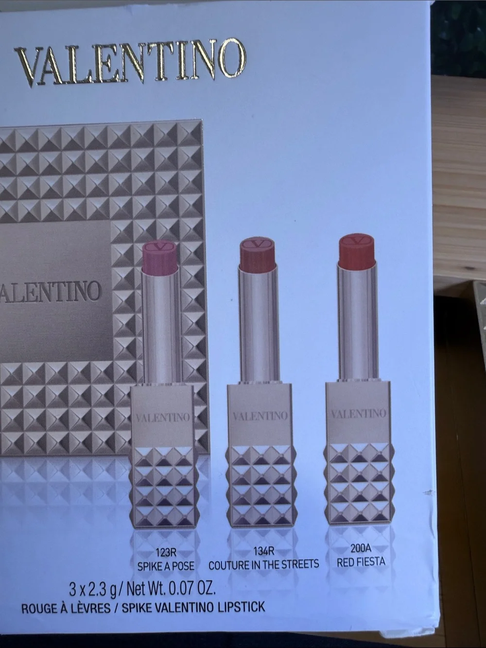 Valentino Gold Spike Studded Lipstick Trio with Pink and Red Shades